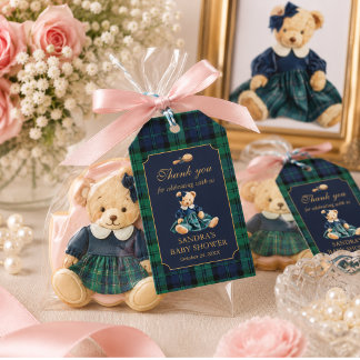 Preppy Teddy Bear Meisje Baby Shower Bedank je cad Cadeaulabel