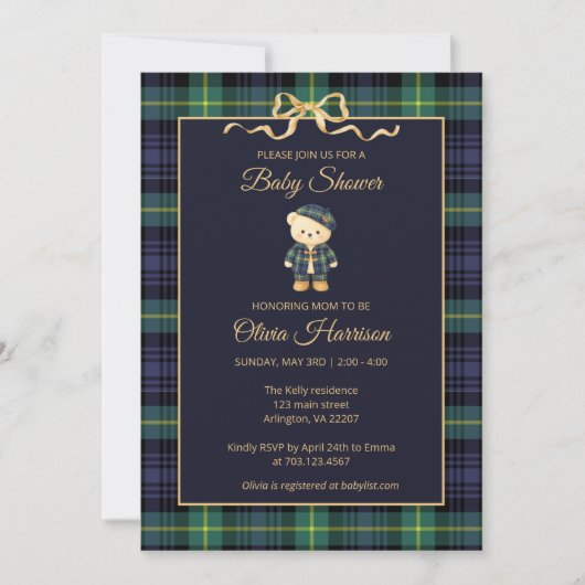 Preppy Teddy Bear Plaid Baby Shower Invitation (Devant)