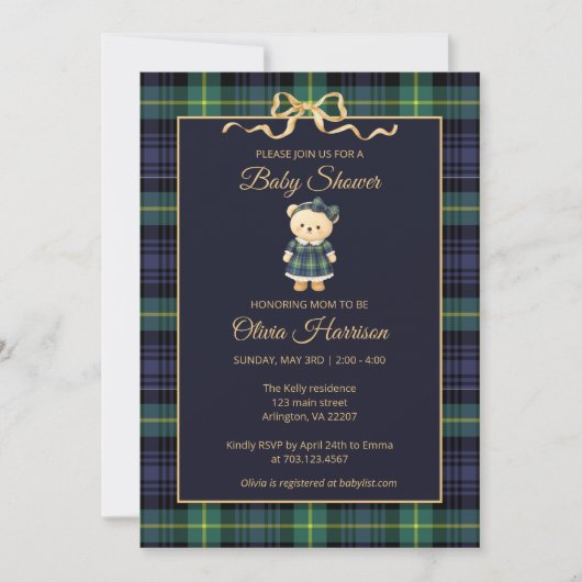 Preppy Teddy Bear Plaid Baby Shower Invitation Kaart (Voorkant)