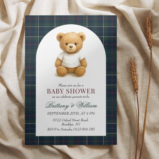Preppy Teddy Bear Plaid Baby shower Kaart