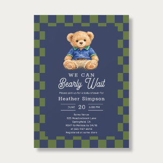 Preppy Teddy Bearly Wait Checkboard Baby Shower Kaart