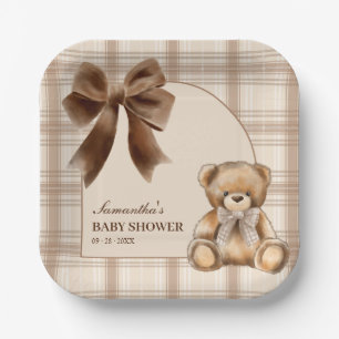 Preppy teddybeer beige ruit babyfeest papieren bordje