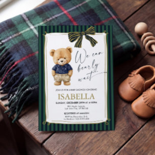 Preppy teddybeer blauw groene baby shower kaart