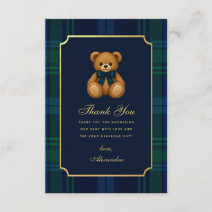 Preppy Teddybeer Blauw Tartan Jongens Baby Shower Bedankkaart