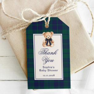 Preppy teddybeer geruite babyshower bedankt cadeaulabel
