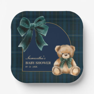 Preppy teddybeer groene ruit babyborrel papieren bordje