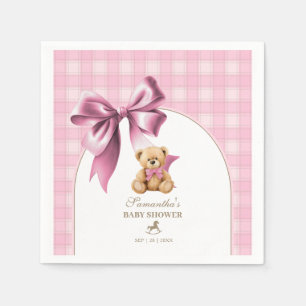 Preppy Teddybeer Roze Geruite Meisje Baby Shower Servet