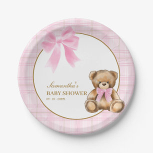 Preppy teddybeer roze plaid baby shower papieren bordje