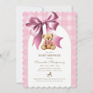 Preppy Teddybeer Roze Plaid Meisje Baby Shower Kaart