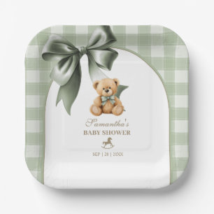 Preppy Teddybeer Saliegroen Geruite Baby Shower Papieren Bordje