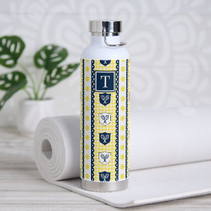 Preppy Tennis Crest Gingham - Geel & Marineblauw Waterfles