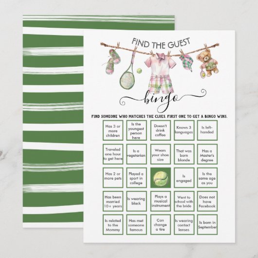 Preppy Tennis Vind de gast BINGO Kaart (Voorkant / Achterkant)