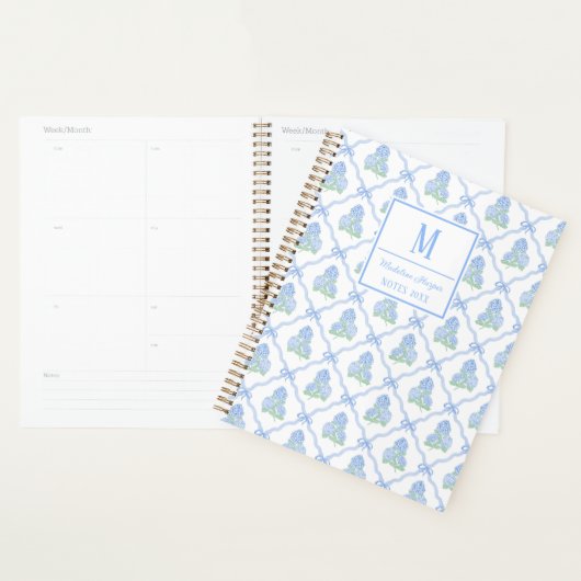 Preppy Trellis Bow Blue & Green Hydrangea Monogram Planner (Display)