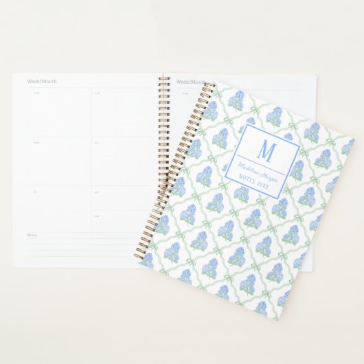 Preppy Trellis Bow Blue & Green Hydrangeas Monogra (Devant avec enveloppe)