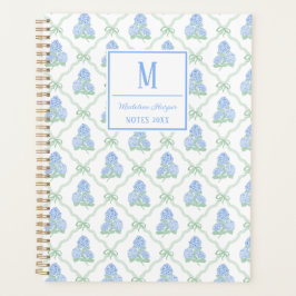 Preppy Trellis Bow Blue & Green Hydrangeas Monogra Planner
