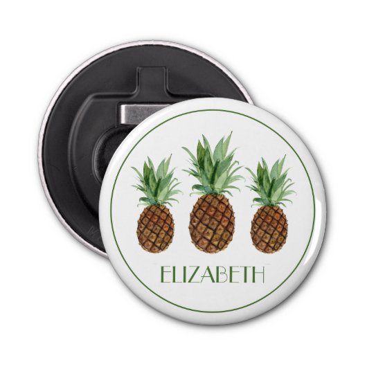 Preppy tropische ananas gepersonaliseerd button flesopener (Voorkant)