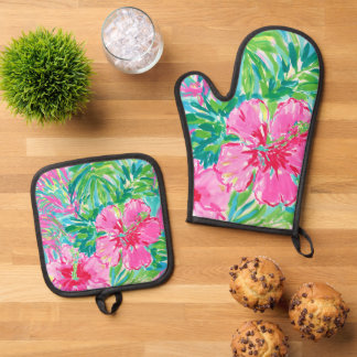 Preppy Tropische Bloem Ovenwant & Pannenlap Set