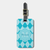 Preppy Turquoise Argyle Girly Monogram en naam Bagagelabel (Voorkant verticaal)