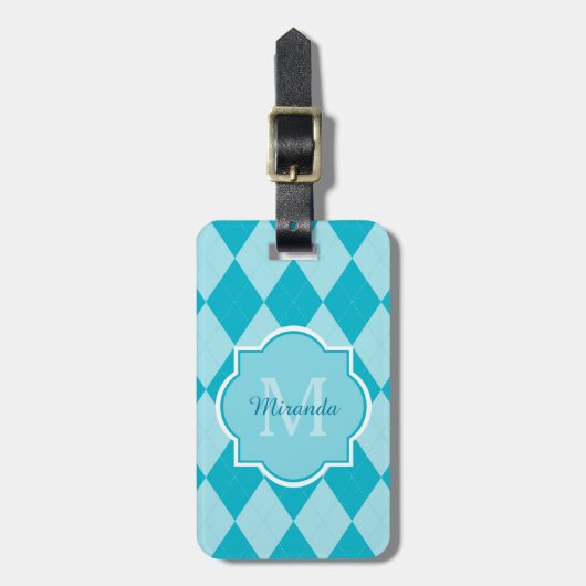 Preppy Turquoise Argyle Girly Monogram en naam Bagagelabel (Voorkant verticaal)