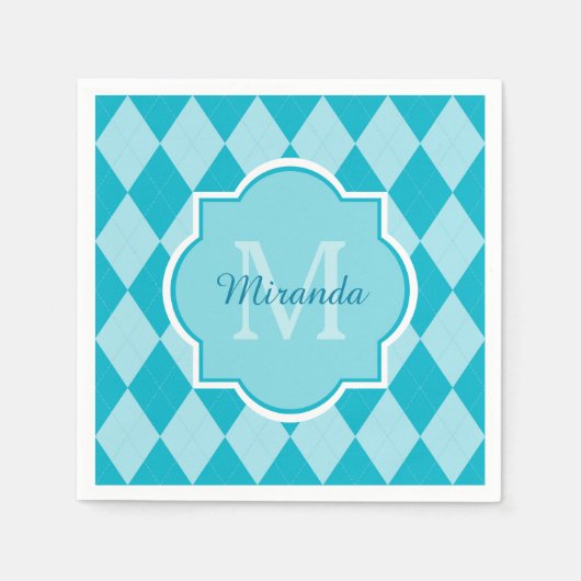 Preppy Turquoise Argyle Girly Monogram en naam Servetten (Voorkant)