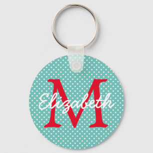 Preppy Turquoise en Rode Stippen Monogram Sleutelhanger