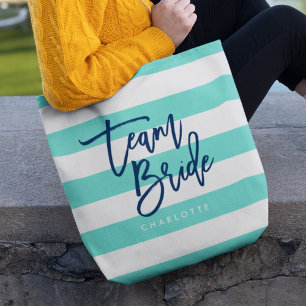 Preppy Turquoise en Witte Strepen Blauwe Team Brui Draagtas