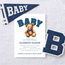 Preppy Varsity Teddy Bear Baby Shower Invitation