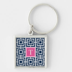Preppy Vierkant Lattice Monogram - Navy & Hot Pin Sleutelhanger