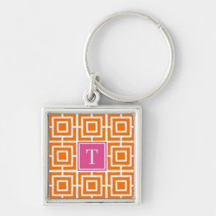 Preppy Vierkant Lattice Monogram Oranje & Felroze Sleutelhanger