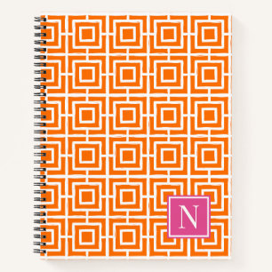 Preppy Vierkant Lattice Monogram Oranje Hot Pink Notitieboek