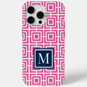 Preppy Vierkant Lattice Monogram – Roze & Marinebl iPhone 15 Pro Max Hoesje