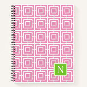 Preppy Vierkant Rooster Monogram – Roze & Limoen Notitieboek