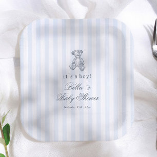 Preppy Vintage Teddybeer Jongens Baby Shower Papieren Bordje