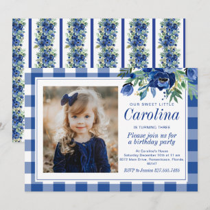Preppy Watercolor Navy Blauwe Bloemen Gingham Kaart