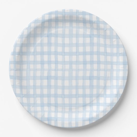 Preppy Waterverf Blue Gingham Papieren Bordje (Voorkant)