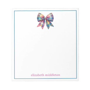 Preppy Waterverf Plaid Bow gepersonaliseerd Notitieblok