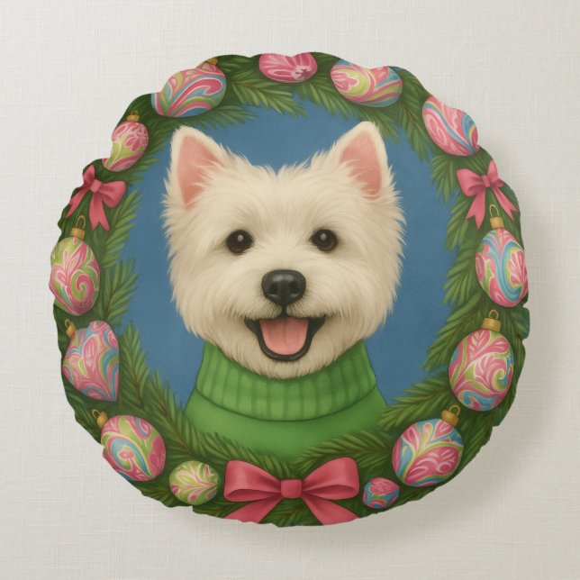 Preppy Westie Rond Kussen (Voorkant)