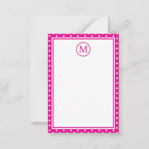 Preppy White Polka Dots op Helder Roze Monogram Notitiekaartje