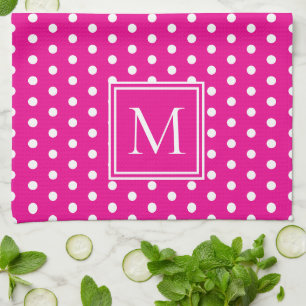 Preppy White Polka Dots op Helder Roze Monogram Theedoek
