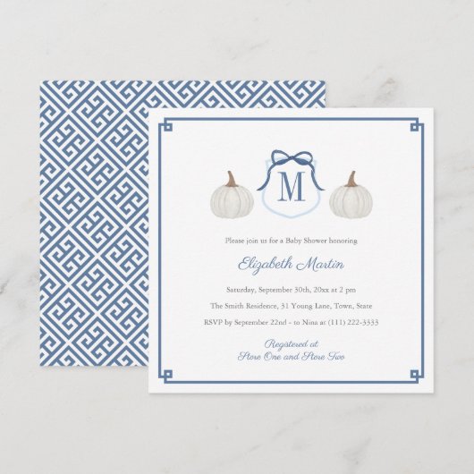 Preppy White Pumpkin Monogram Baby Boy Shower Kaart (Voorkant / Achterkant)