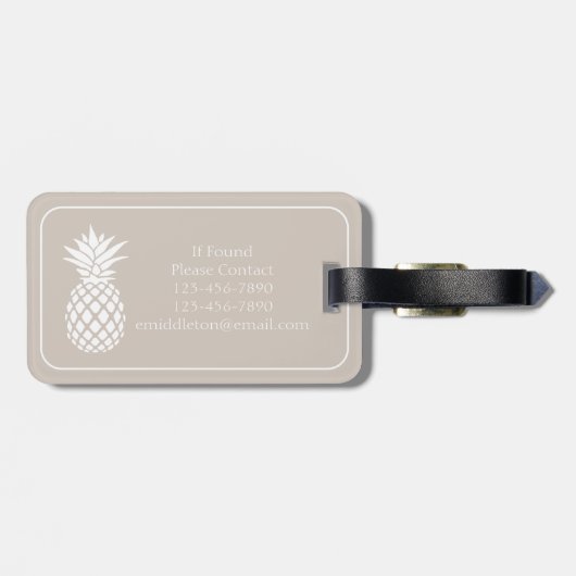 Preppy Witte Ananas op Beige Bagagelabel (Achterkant horizontaal)