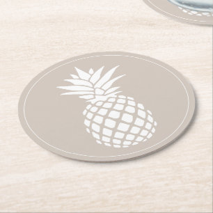 Preppy Witte Ananas op Beige Ronde Kartonnen Onderzetter