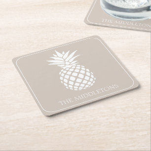 Preppy Witte Ananas op Beige Vierkante Kartonnen Onderzetter