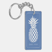 Preppy Witte Ananas op Blauwe Achtergrond Sleutelhanger (Voorkant Links)