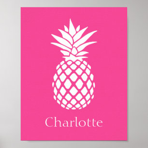 Preppy Witte Ananas op Roze Poster
