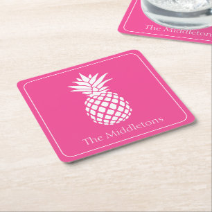 Preppy Witte Ananas op Roze Vierkante Kartonnen Onderzetter