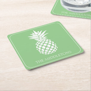 Preppy Witte Ananas op Saliegroen Vierkante Kartonnen Onderzetter