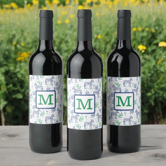 Preppy Witte Zebra Martinis Groen Monogram Wijn Etiket