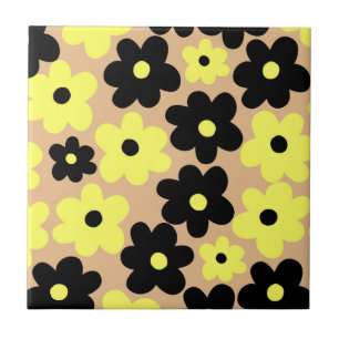 Preppy Yellow Black Hippie Flower Pattern Tegeltje