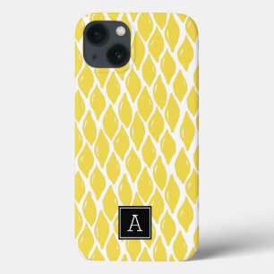 Preppy Yellow Lemon Black Monogram Gepersonaliseer iPhone 13 Hoesje